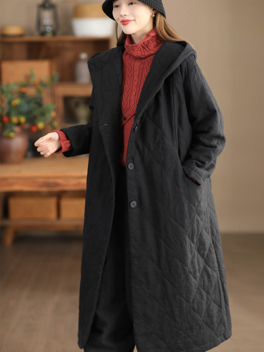 Women Solid Winter Linen Hooded Padded Coat