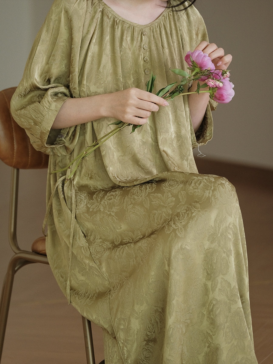 Women Vintage Flower Jacquard Drawstring Solid Loose Dress