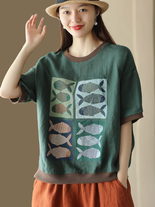 Chemise d'été décontractée à imprimé poisson pour femmes, 100% lin épissé