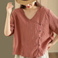 Women Summer Vintage Slant Closure Button V-Neck Linen Shirt