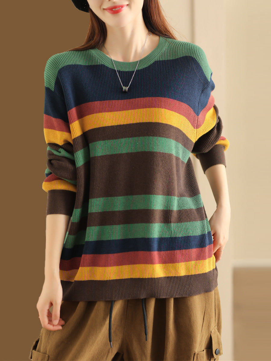 Women Autumn Stripe Colorblock Knitted Sweater