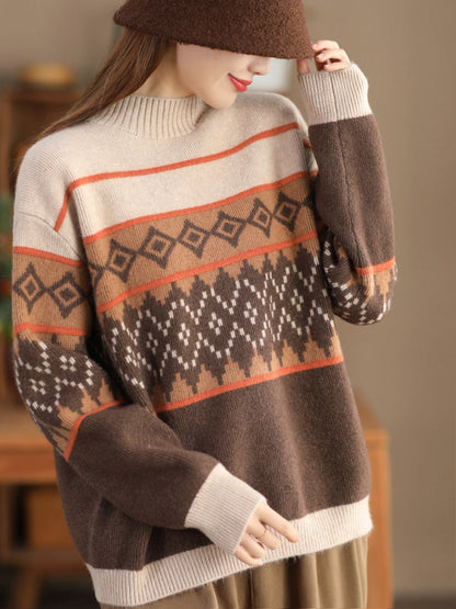 Women Vintage Rhomboids Knitted Half-Turtleneck Sweater