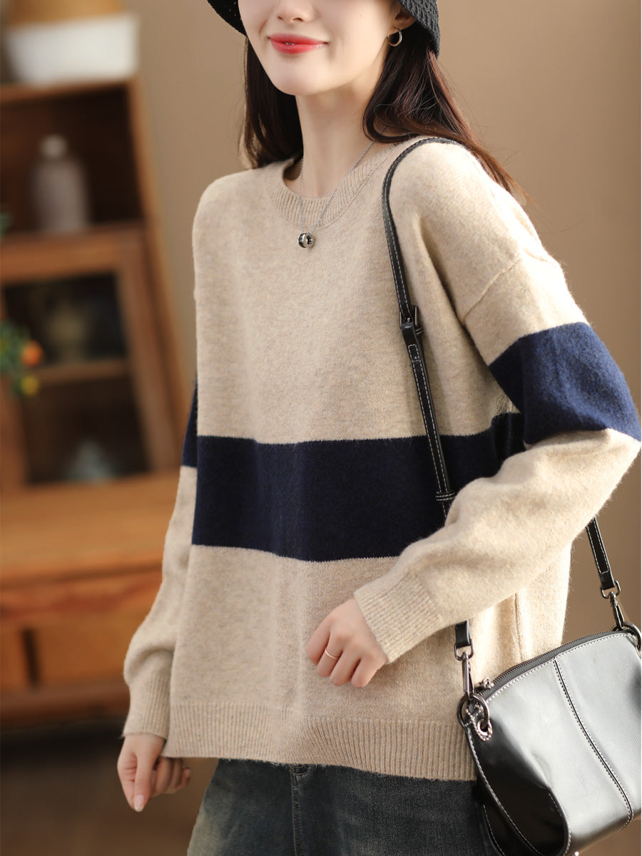 Women Casual Colorblock Wool Knitted Warm Sweater