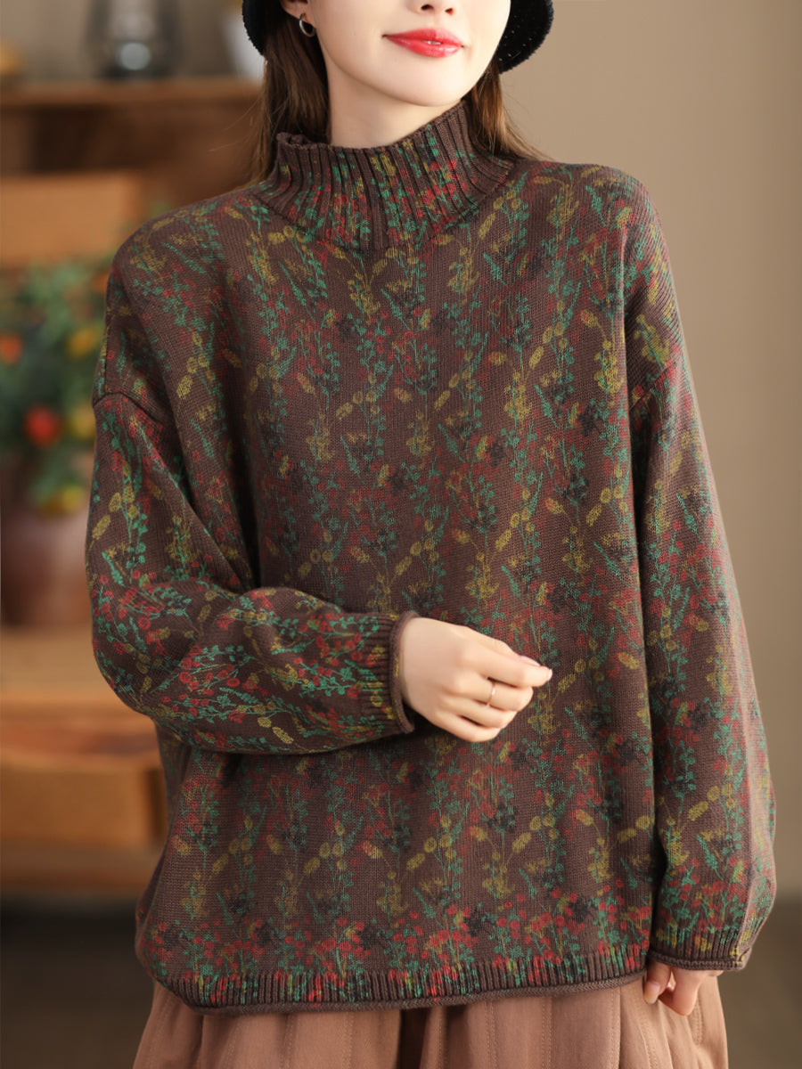 Women Vintage Floral Turtleneck Knitted Sweater