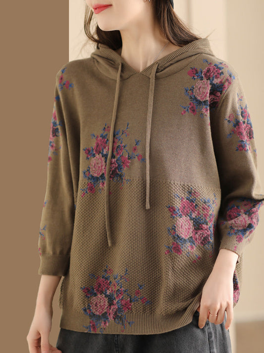 Women Vintage Floral Knitted Hooded Sweatshirt