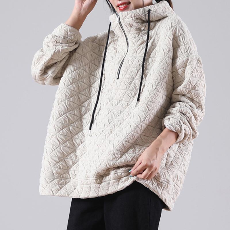 Solid Color Pleated Drawstring Zipper Hooded Sweatshirt