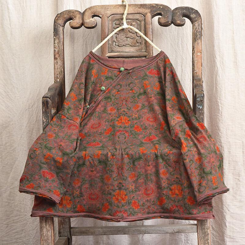 Vintage Cotton Linen Floral Print Pullover Long Sleeve T-shirt
