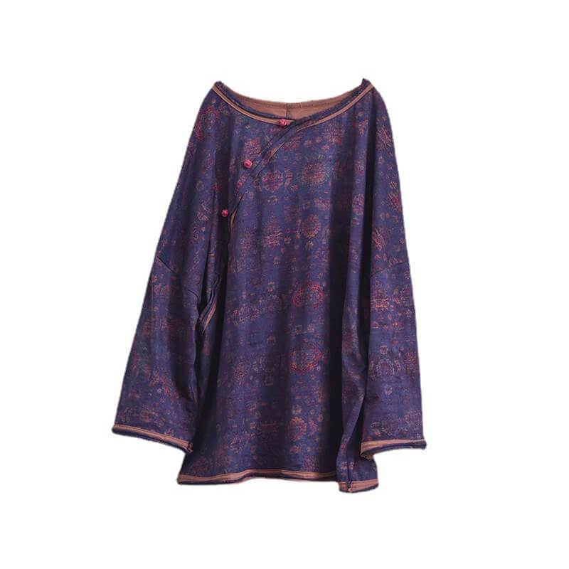 Vintage Cotton Linen Floral Print Pullover Long Sleeve T-shirt