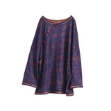Vintage Cotton Linen Floral Print Pullover Long Sleeve T-shirt