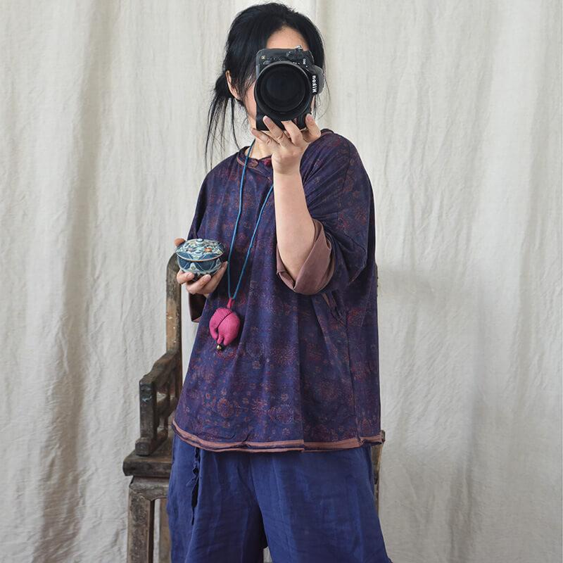 Vintage Cotton Linen Floral Print Pullover Long Sleeve T-shirt