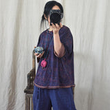 Vintage Cotton Linen Floral Print Pullover Long Sleeve T-shirt