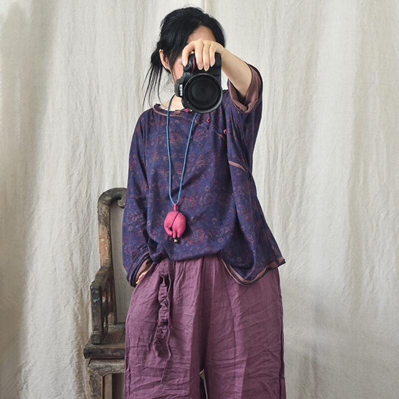 Vintage Cotton Linen Floral Print Pullover Long Sleeve T-shirt