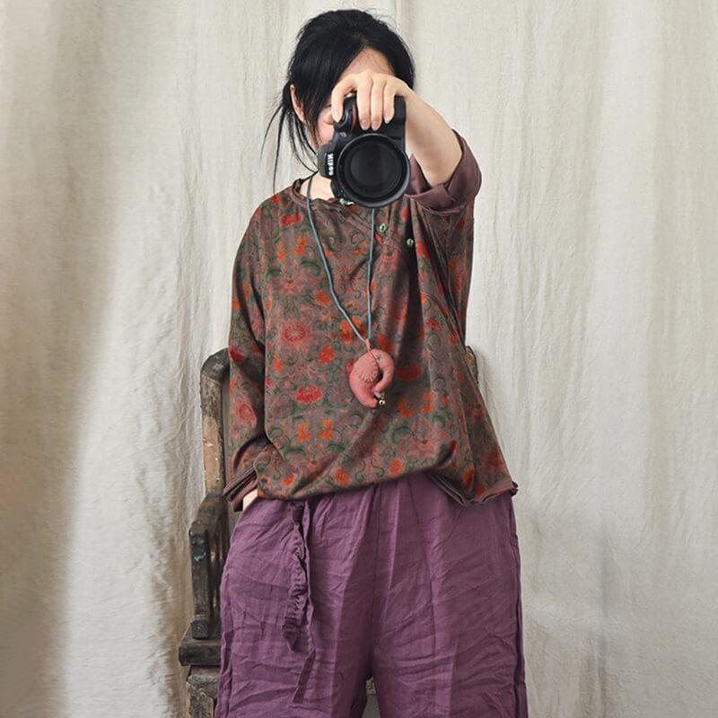 Vintage Cotton Linen Floral Print Pullover Long Sleeve T-shirt