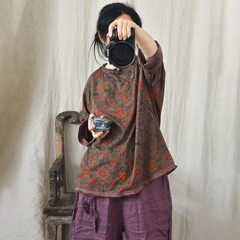 Vintage Cotton Linen Floral Print Pullover Long Sleeve T-shirt