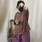 Vintage Cotton Linen Floral Print Pullover Long Sleeve T-shirt