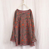 Vintage Cotton Linen Floral Print Pullover Long Sleeve T-shirt