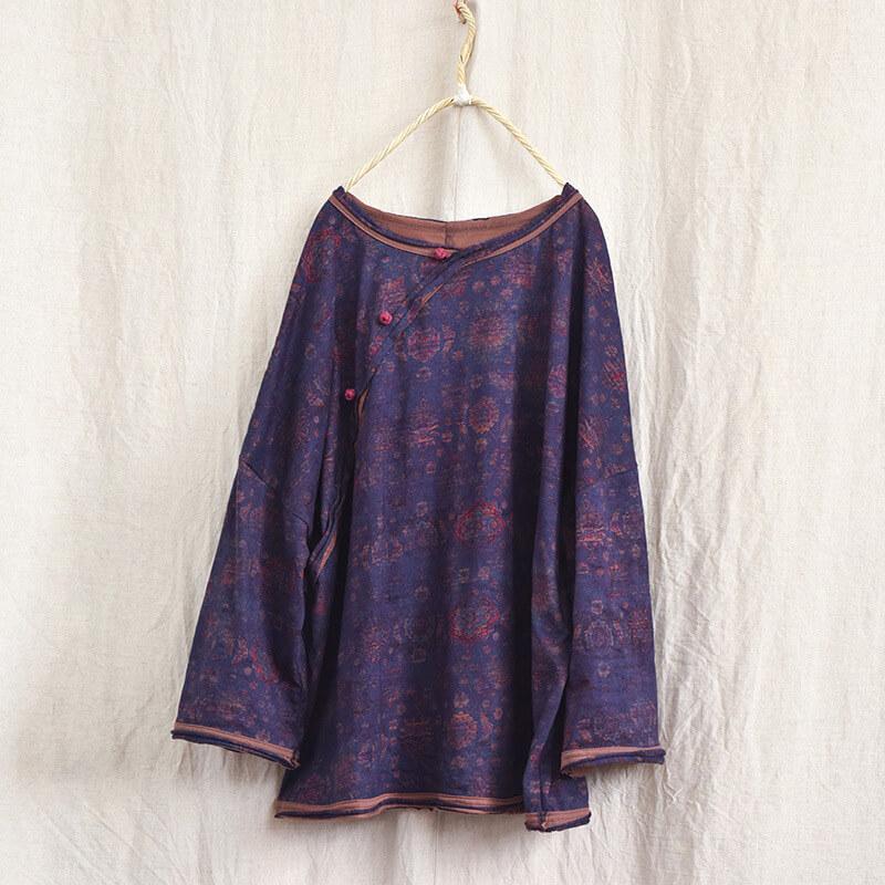 Vintage Cotton Linen Floral Print Pullover Long Sleeve T-shirt