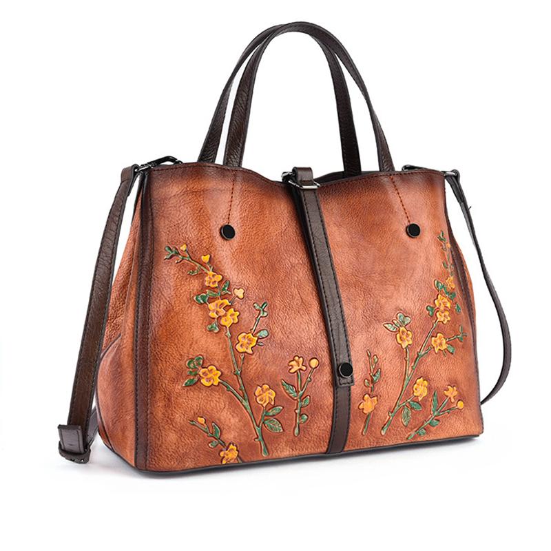 Vintage Floral Embossing Leather Handbag Crossbody Bag