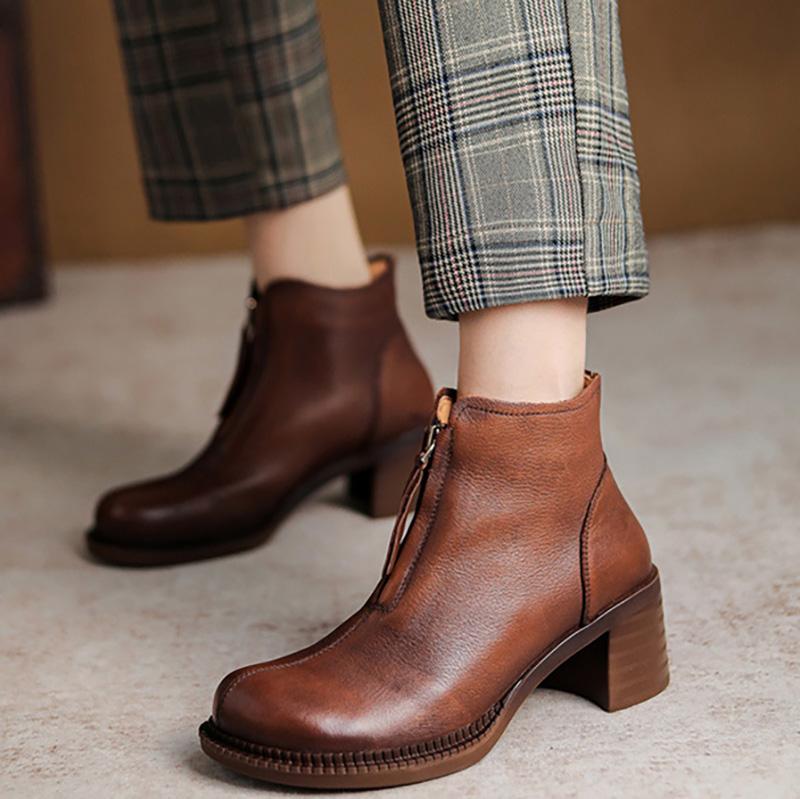 Vintage Leather Zipper Square Heel Round Toe Boots