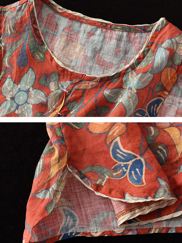 Vintage Women Casual Floral Print Split O Neck Vest Top