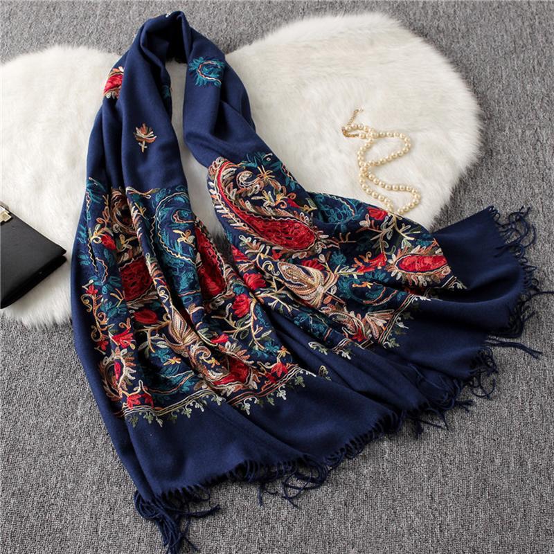 Women Casual Vinatage Tasseled Embroidered Warm Scarf