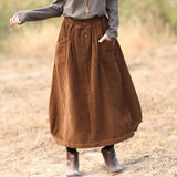 Women Corduroy Solid Color Pocket Elastic Waist Skirt