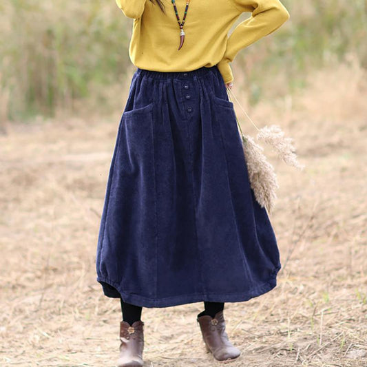 Jupe taille élastique en velours côtelé pour femmes, couleur unie, poches