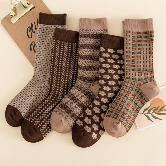 Chaussettes décontractées à carreaux floraux tricotés en coton pour femmes (5 paires)