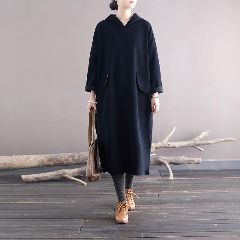 Women Hooded Solid Color with Velvet Maxi Dress