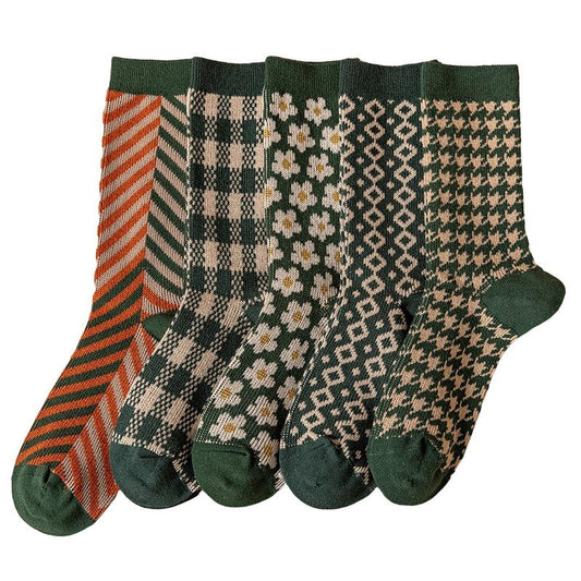 Women Knitted Floral Plaid Stripes Geometric Socks