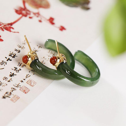 Boucles d'oreilles rétro en argent incrusté de jade pour femmes