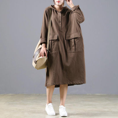 Women Solid Color Pocket Button Long Sleeve Hooded Dress