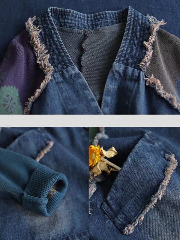 Women V Neck Stitching Color Contrast Long Sleeve Jacket