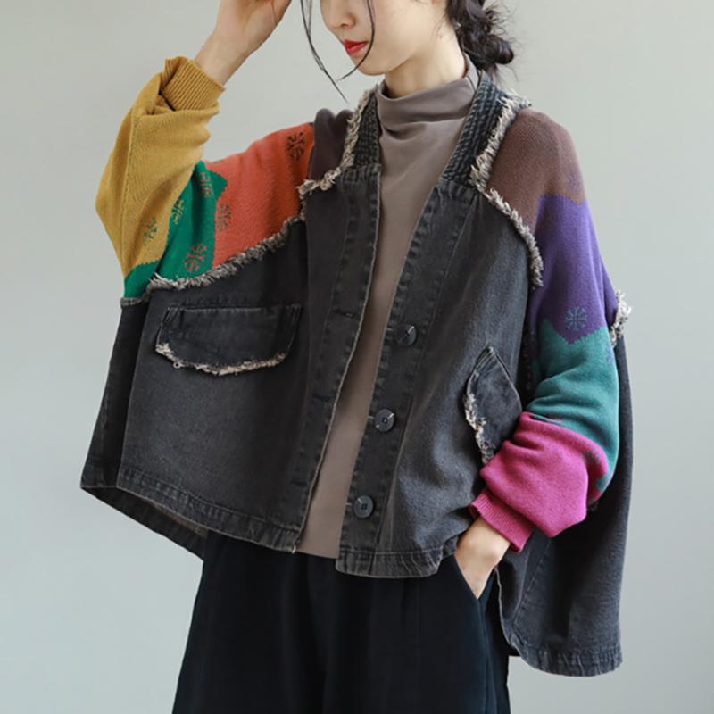 Women V Neck Stitching Color Contrast Long Sleeve Jacket
