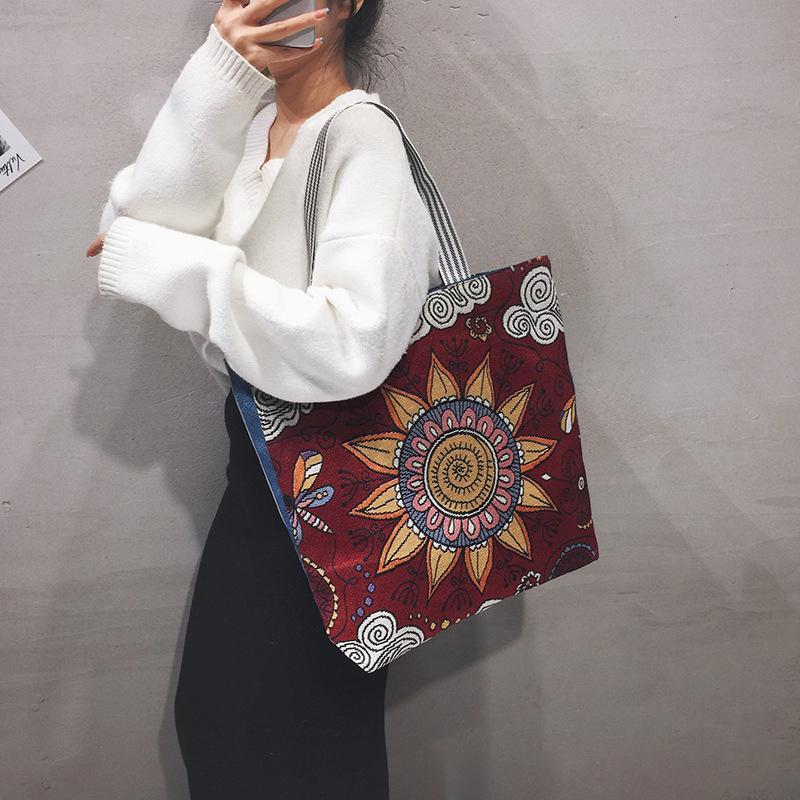 Women Vintage Floral Geometric Casual Canvas Shoulder Bag