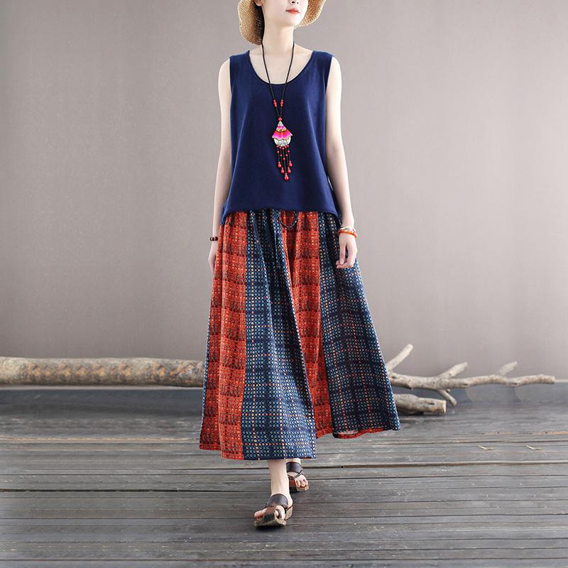 Women Vintage Stitching Drawstring Color Contrast Casual Skirt