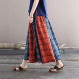 Women Vintage Stitching Drawstring Color Contrast Casual Skirt