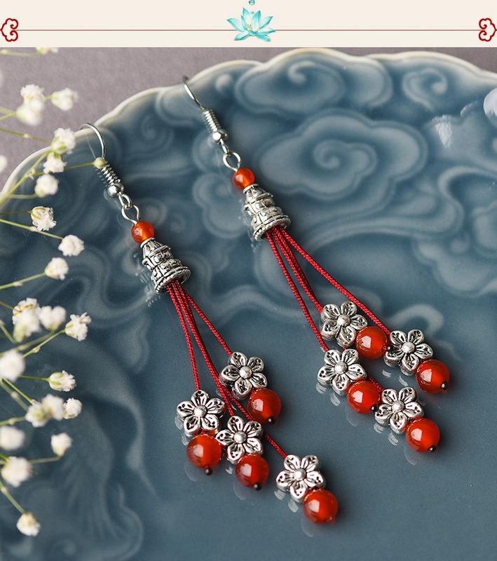 Vintage Miao Silver Red Bead Glass Earrings