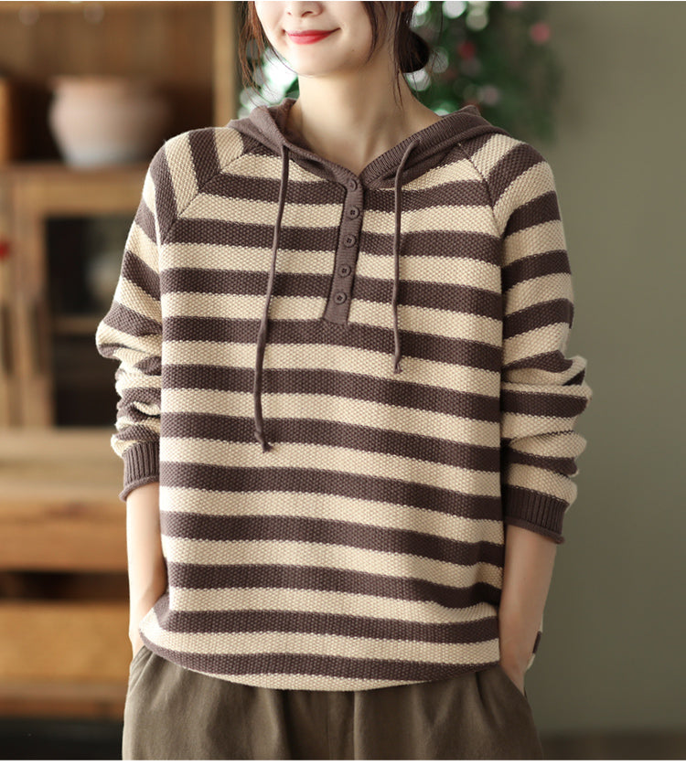 Vintage Drawstring Hooded Striped Casual Knit Sweater