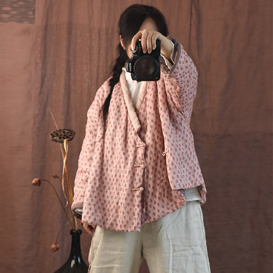 Manteau rembourré en lin rose à fleurs ethniques pour femmes
