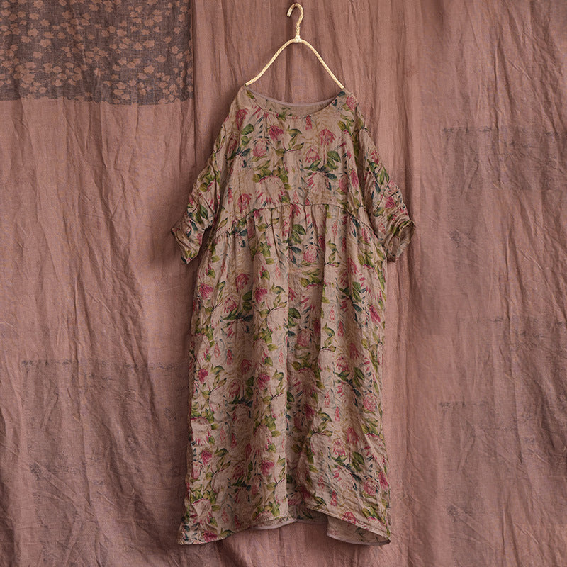 Women Summer Vintage Floral Plaid Loose Ramie Dress