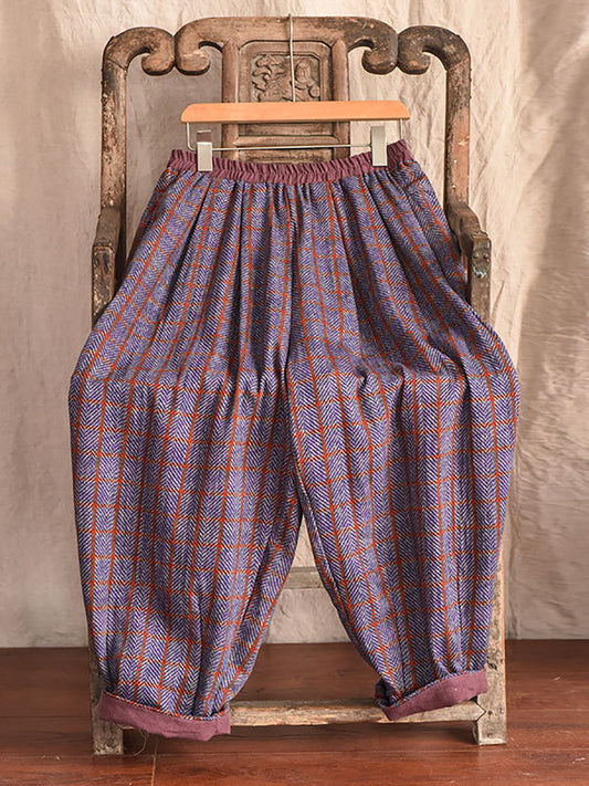 Women Vintage Plaid Pocket Loose Linen Pants