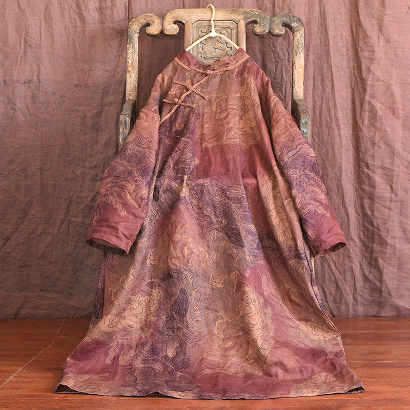 Women Summer Vintage Print Button Linen Robe Dress