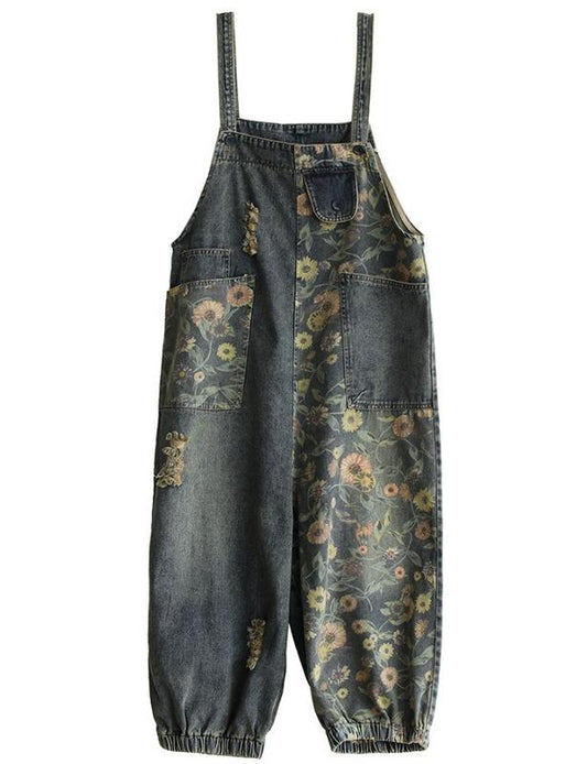 Retro Nostalgic Loose One-piece Printed Hole Denim Overalls