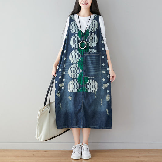 Women Artsy Dot Print Frayed Pocket Vest Denim Dress