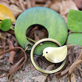 Cute Metal Bird Shape Round Wood Pendant Necklace