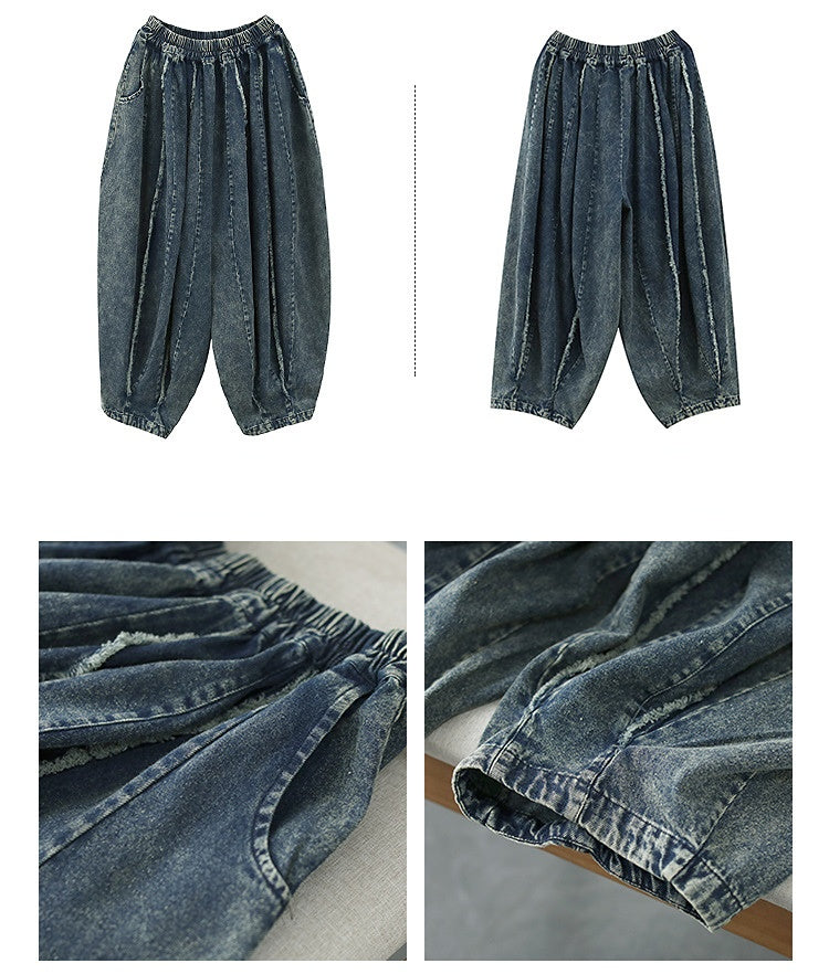 Pantalon court ample et slim avec jeans à coutures à bords bruts