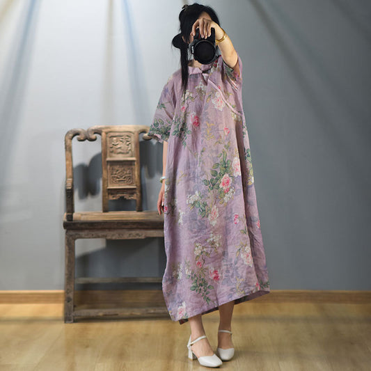 Robe ample d'été nationale pour femmes, bouton à fleurs, ourlet fendu