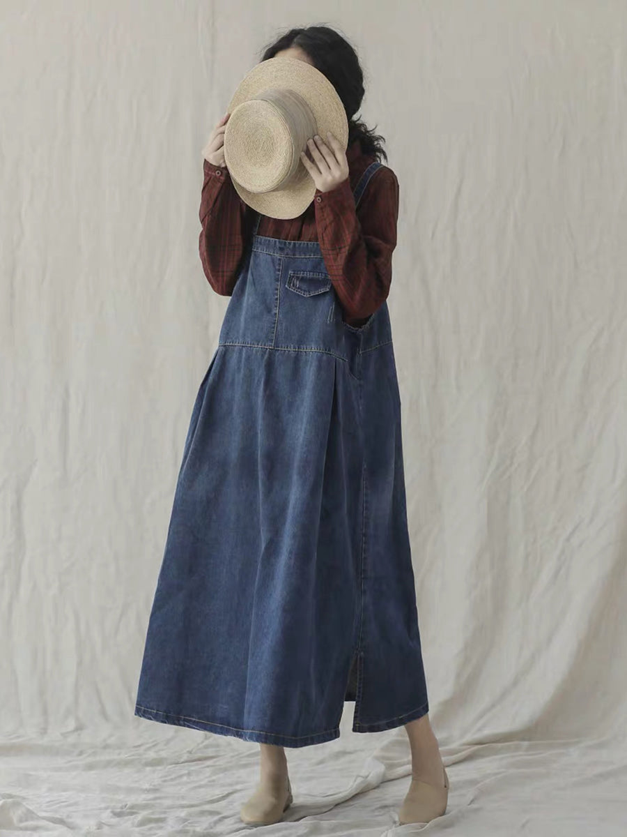 Women Spring Vintage Solid Pocket Overall Dress