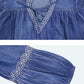Embroidered Mid-Sleeve Vintage V-Neck Tie Loose Dress